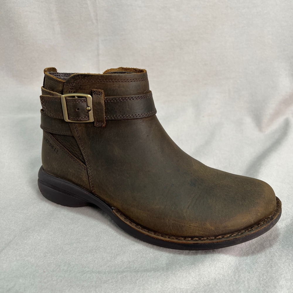 Merrell Andover Bluff‎ Brown Waterproof Leather Ankle Boots Buckle Zip J17484 6